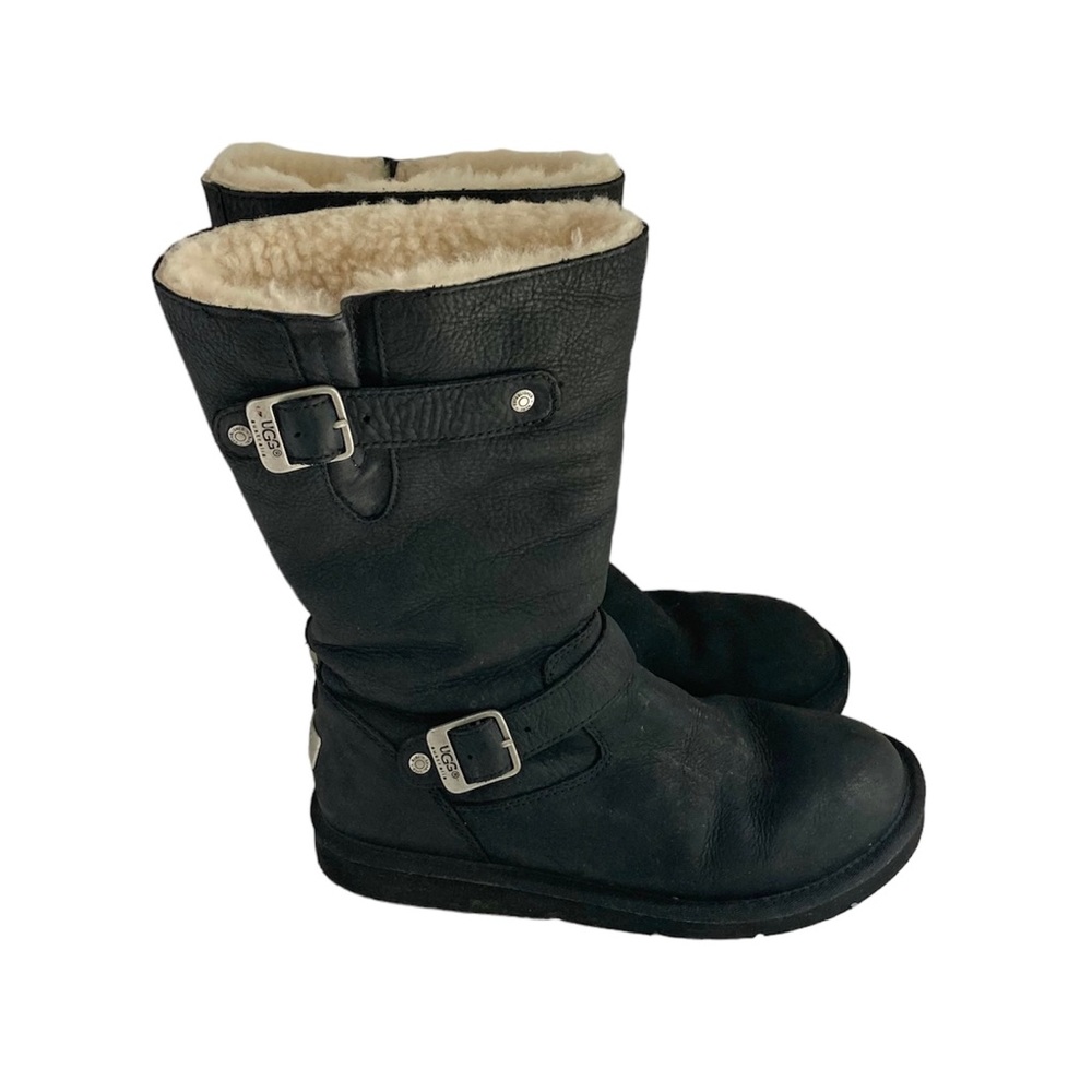 Ugg Kensington Black Leather Sheepskin Biker Boots Buckles S/N 5678 Women’s 8